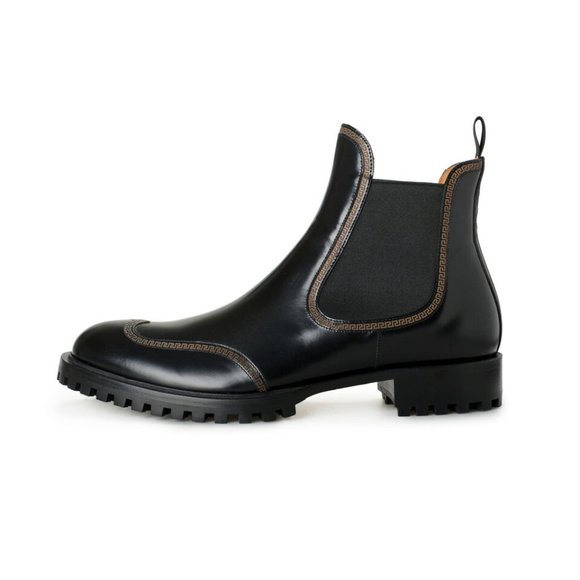 Versace Men\'s Black Greca Print Polished Leather Chelsea Boots Shoes US 8 IT 41 main image 5